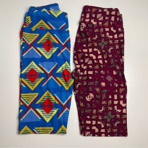 LuLaRoe Leggings OS One Size Set of 2 Blue Triangles and Red Square Patterns